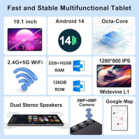 ZIOVO Tablet PC 10" Android 14 Tablet s 22GB RAM+128GB ROM(1TB TF), Widevine L1, 5G WLAN, Octa-Core 2.0GHz, 8000mAh, 5+8MP, BT 5